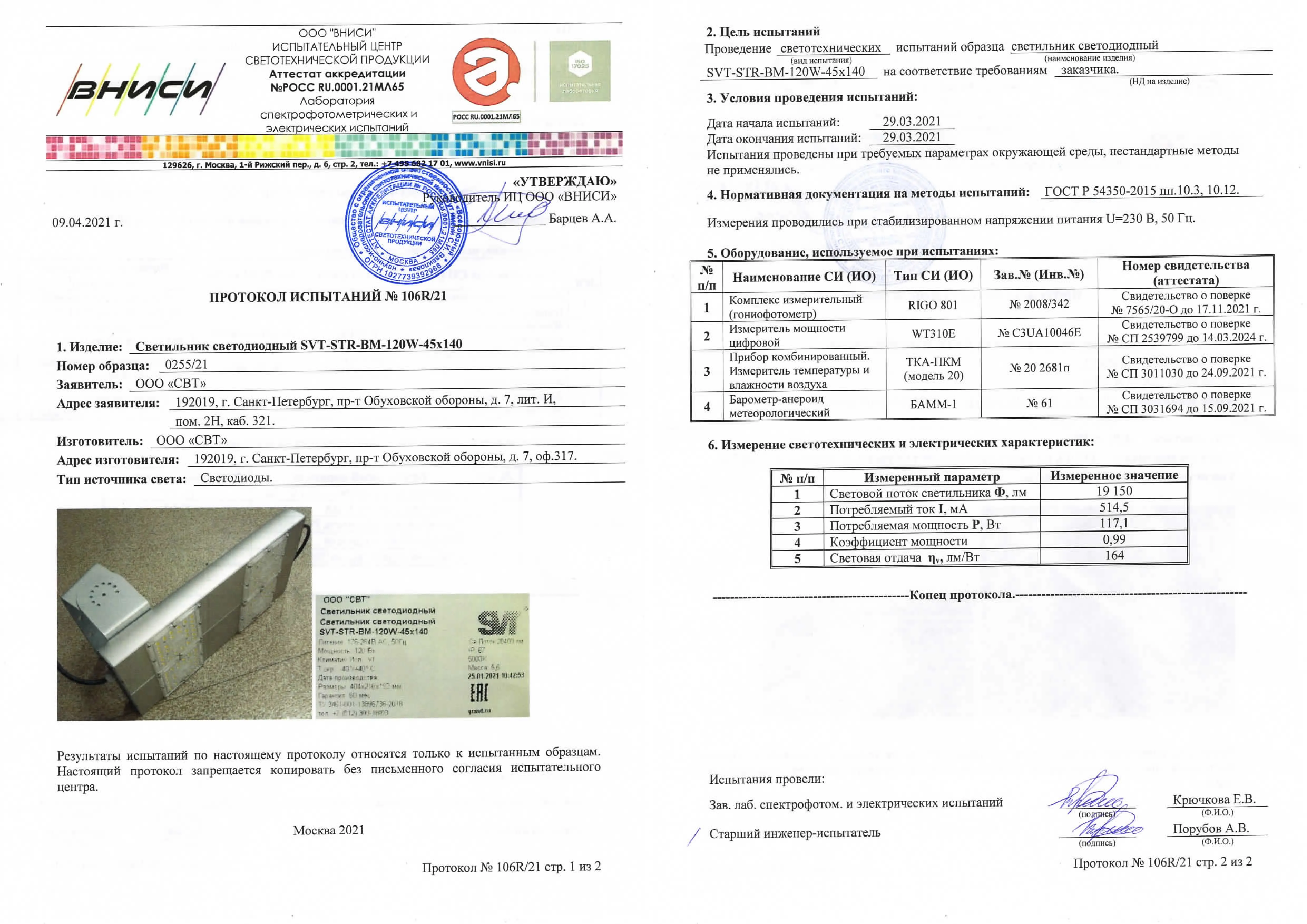 Протокол испытаний ВНИСИ Svt Str Bm 120w